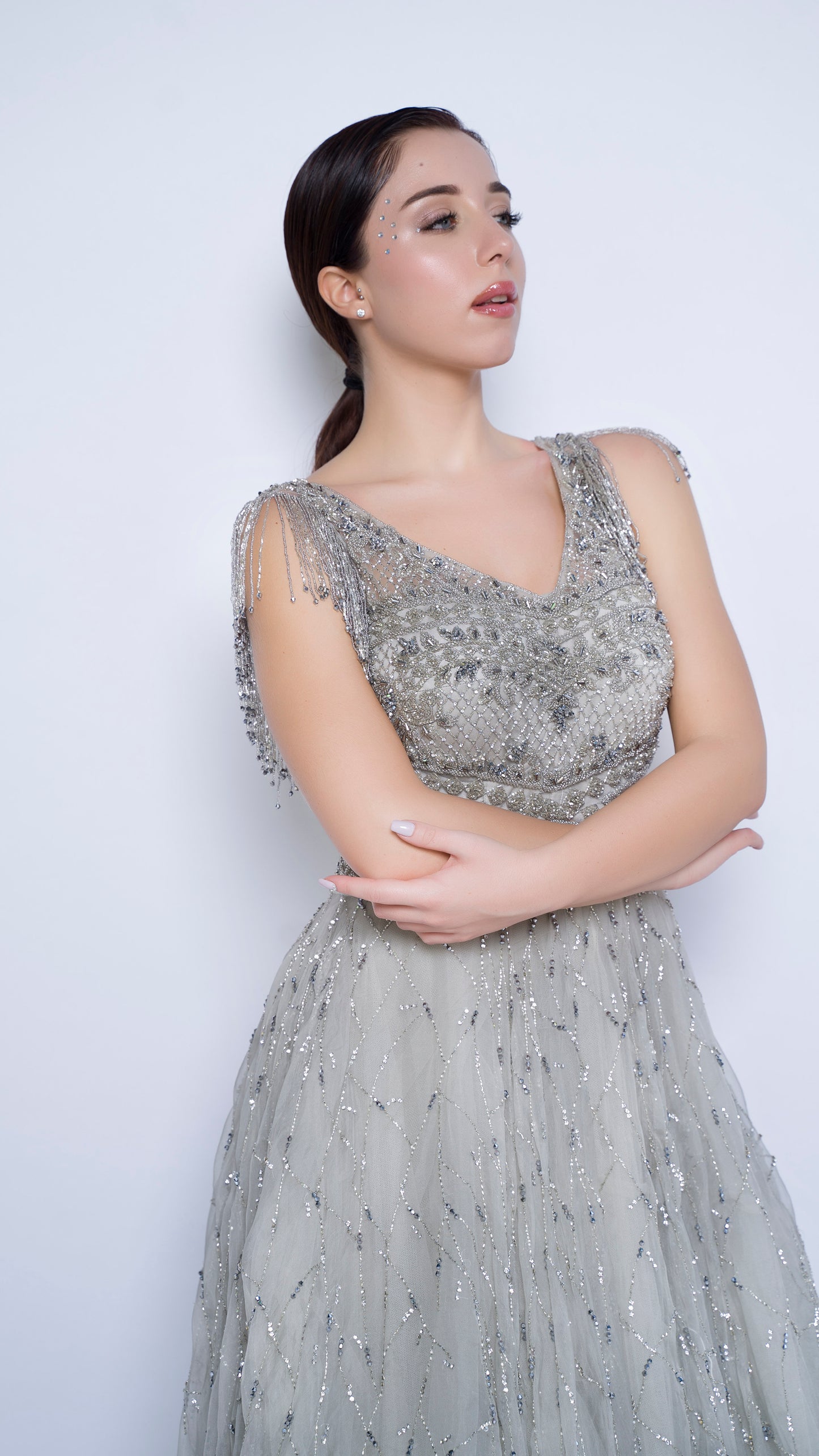 Stardust embroidered cutwaist flounce gown with sleeves tassels