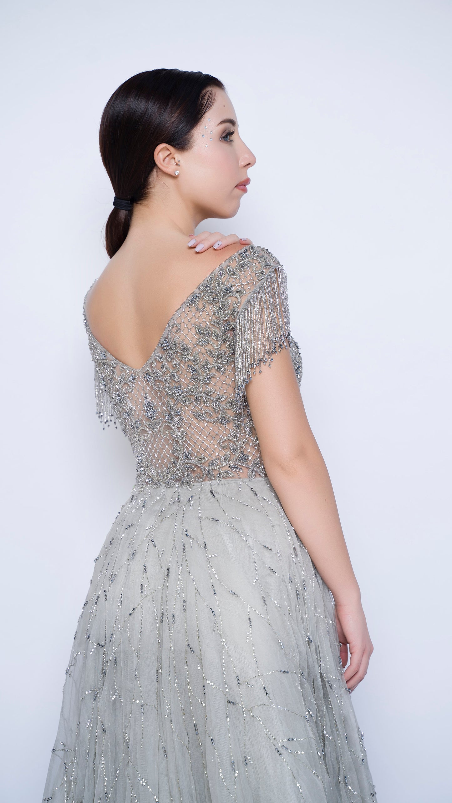 Stardust embroidered cutwaist flounce gown with sleeves tassels