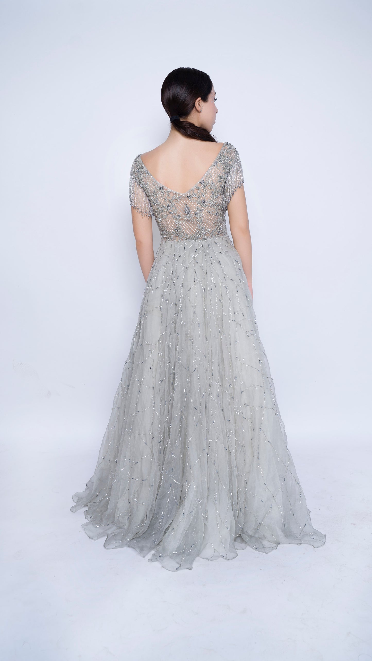 Stardust embroidered cutwaist flounce gown with sleeves tassels