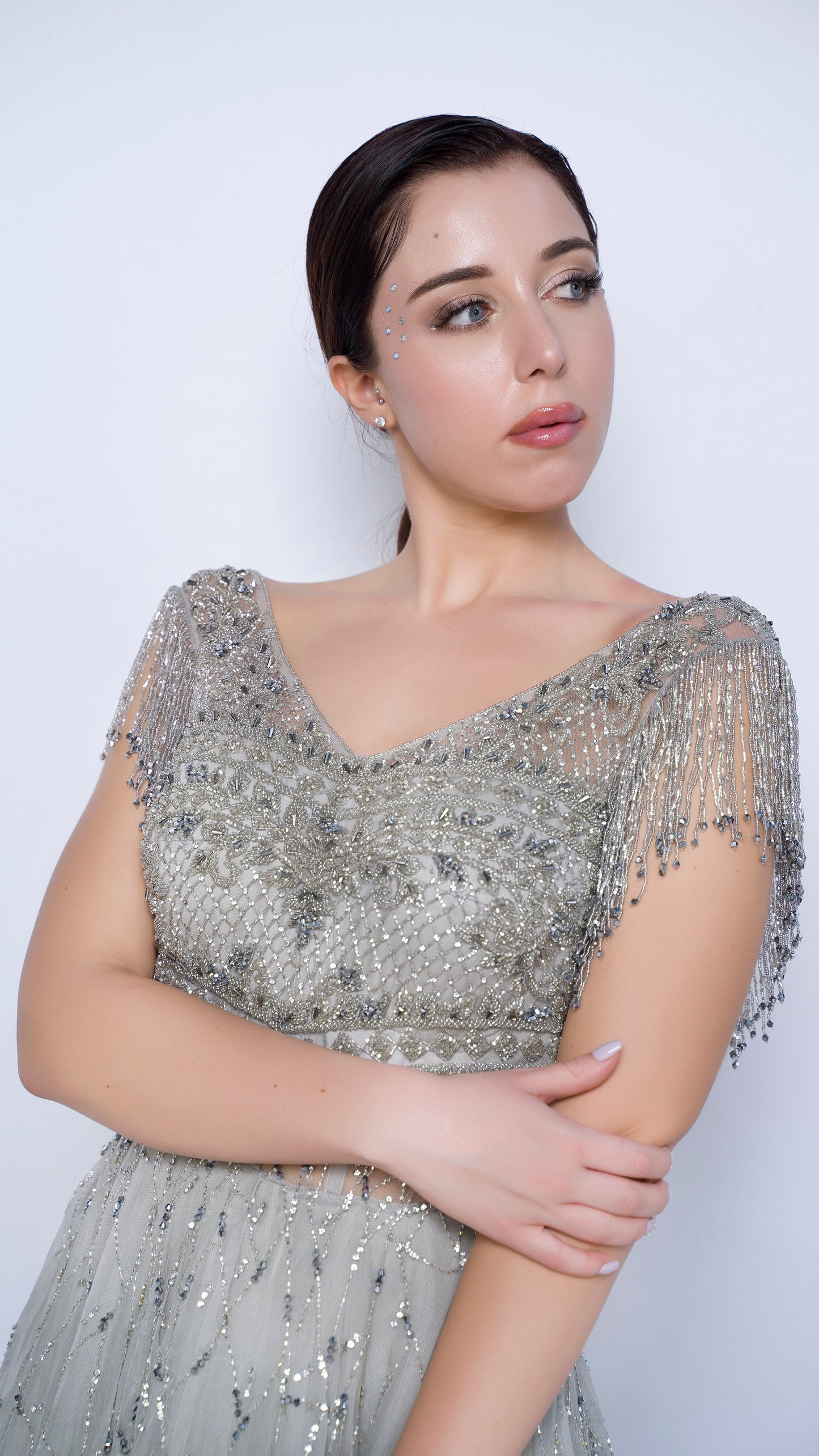 Stardust embroidered cutwaist flounce gown with sleeves tassels