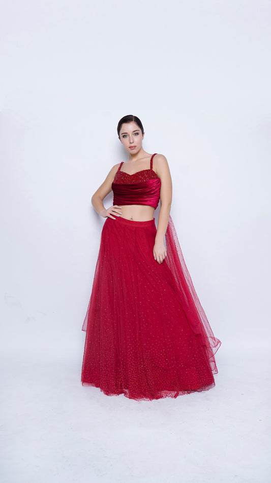 Red encrusted cowl drape blouse with crystal splatter lehenga set