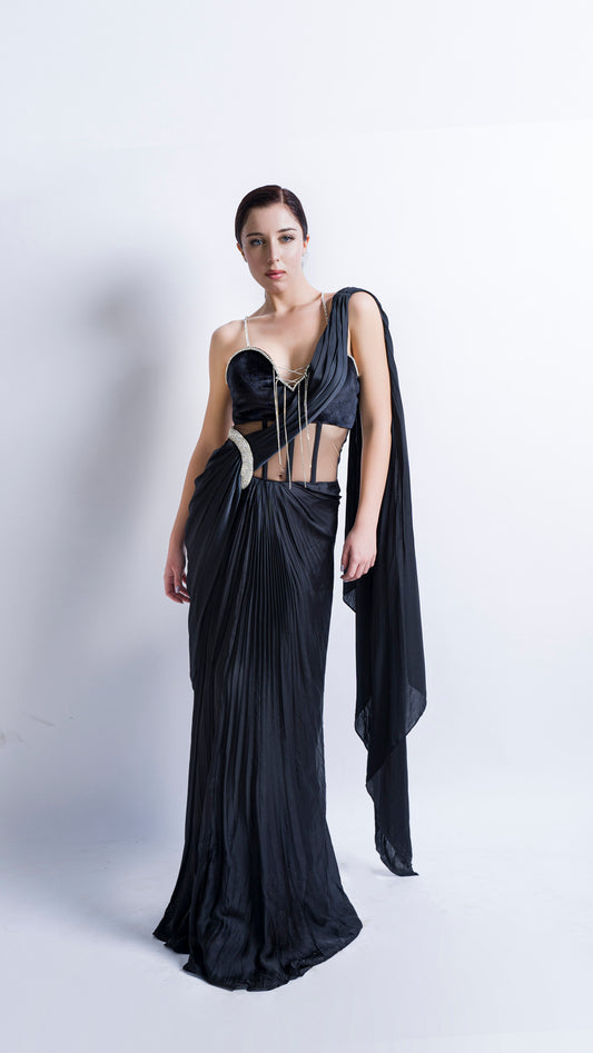 Mesha- Black crystal chainmail saree gown