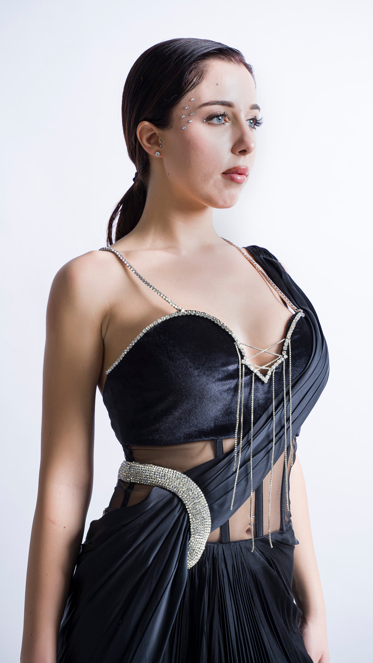 Mesha- Black crystal chainmail saree gown