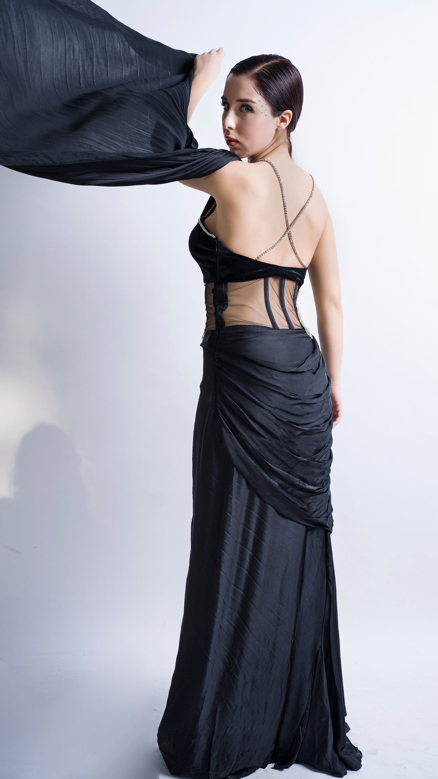 Mesha- Black crystal chainmail saree gown