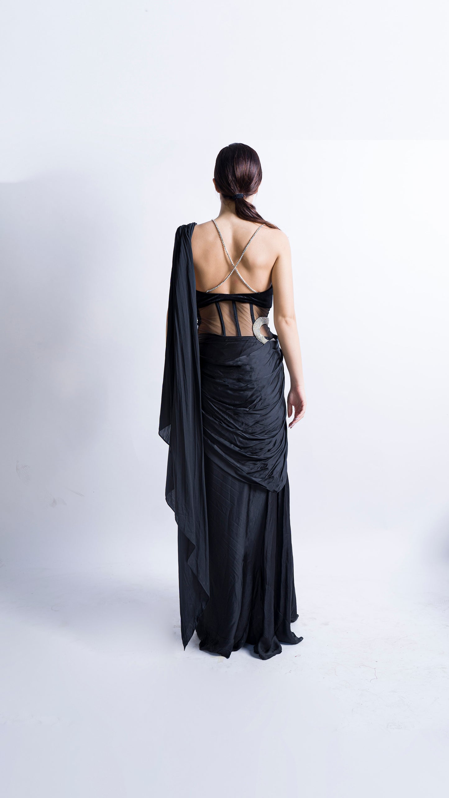 Mesha- Black crystal chainmail saree gown