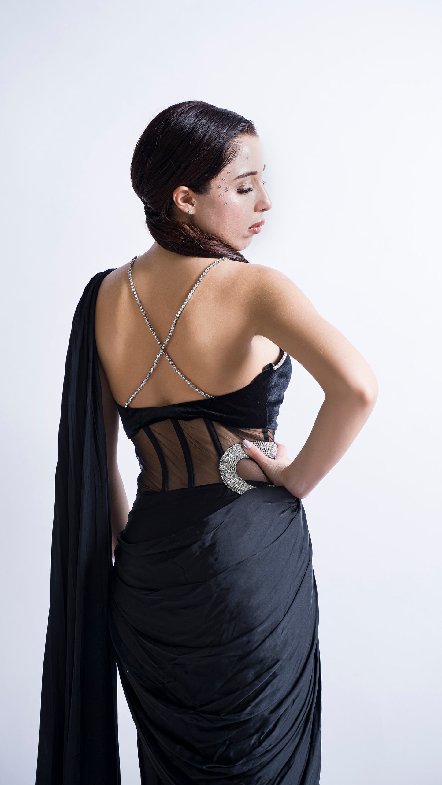 Mesha- Black crystal chainmail saree gown