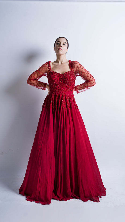 Red floral embroidered flounce gown