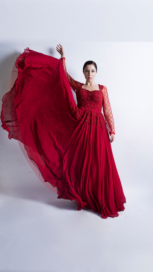 Red floral embroidered flounce gown