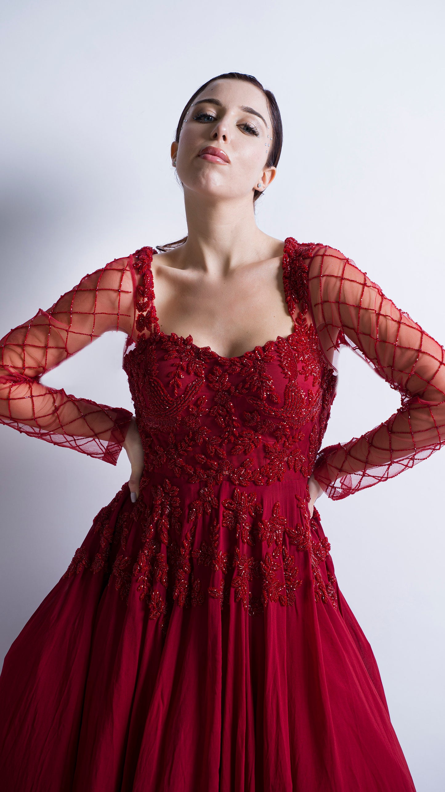 Red floral embroidered flounce gown
