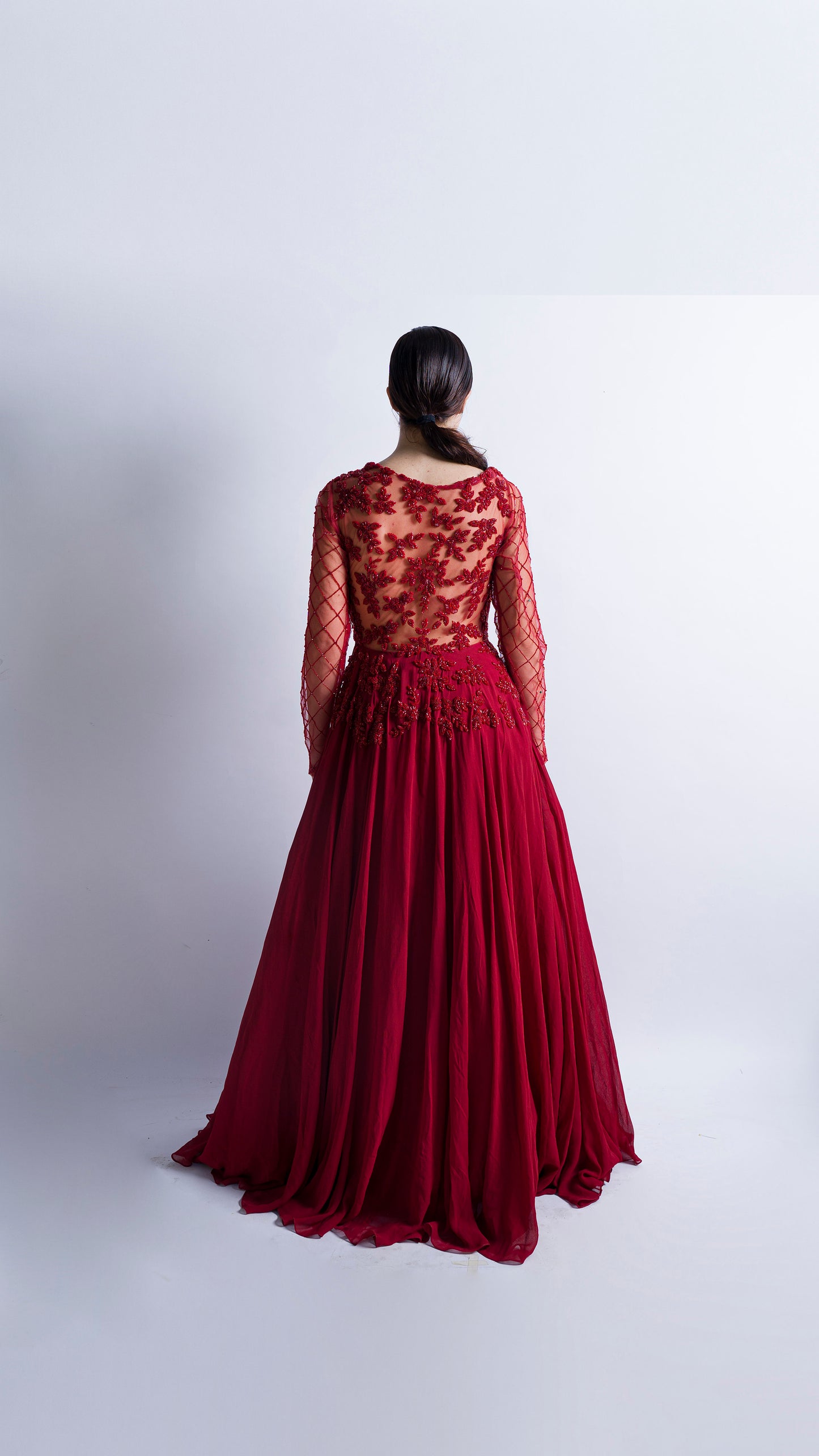 Red floral embroidered flounce gown