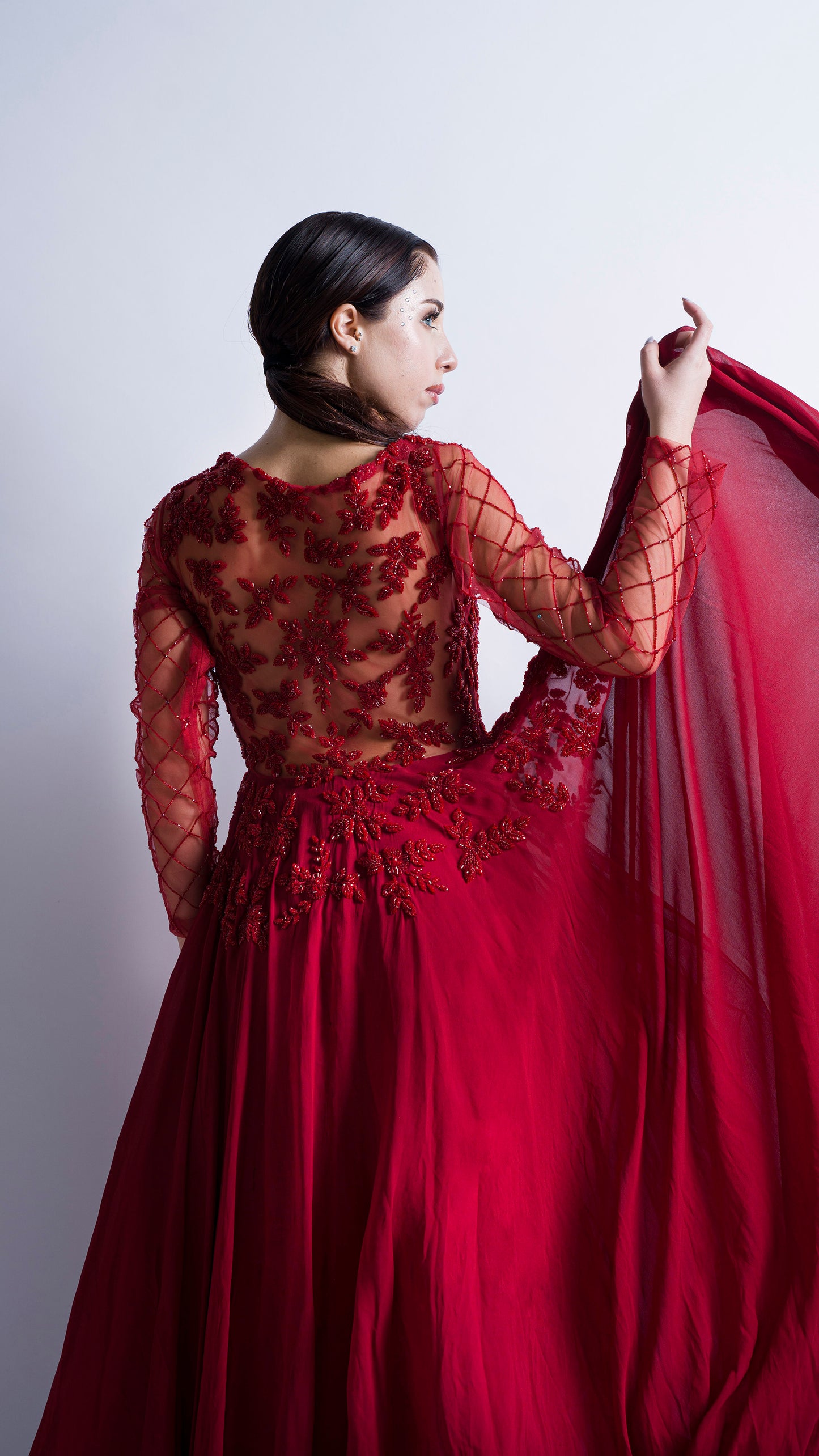 Red floral embroidered flounce gown