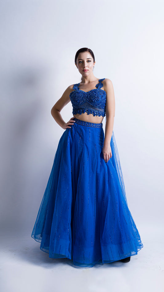 Midnight Blue rose embroidered lehenga set