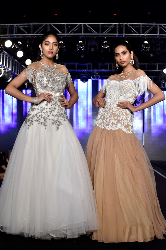 Nude & white Off Shoulder Flounce Gown