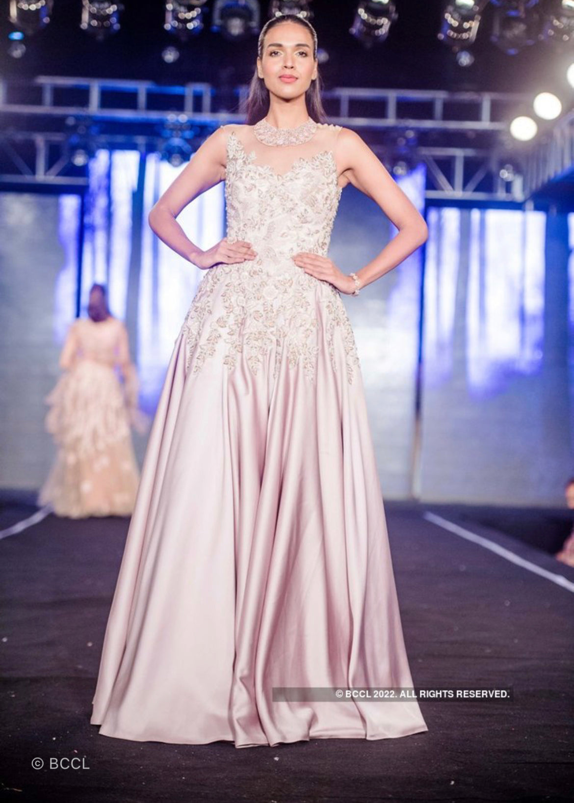 Flounced Gown With Bird Embroidery