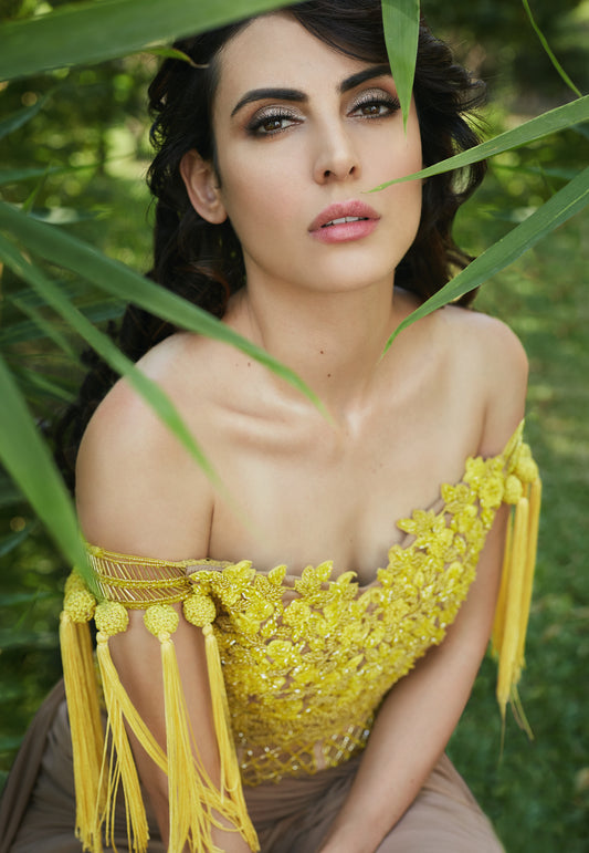 Oyester & yellow Off shoulder draped saree gown