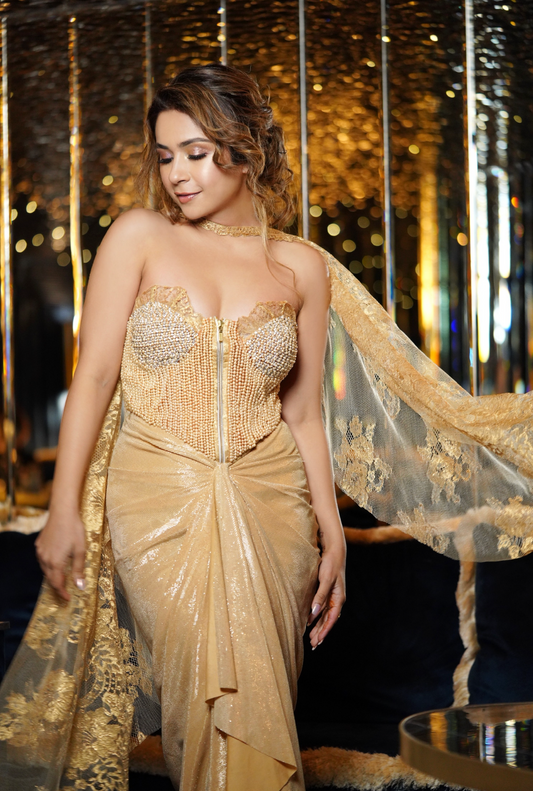 Champagne gold pearl embroidered gown