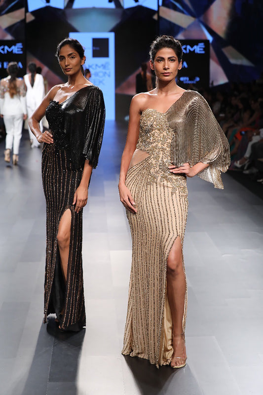 One Shoulder Gold Mesh Gown