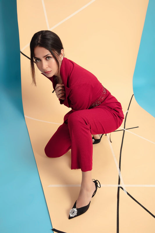 Red Pantsuit with Embellished Belt