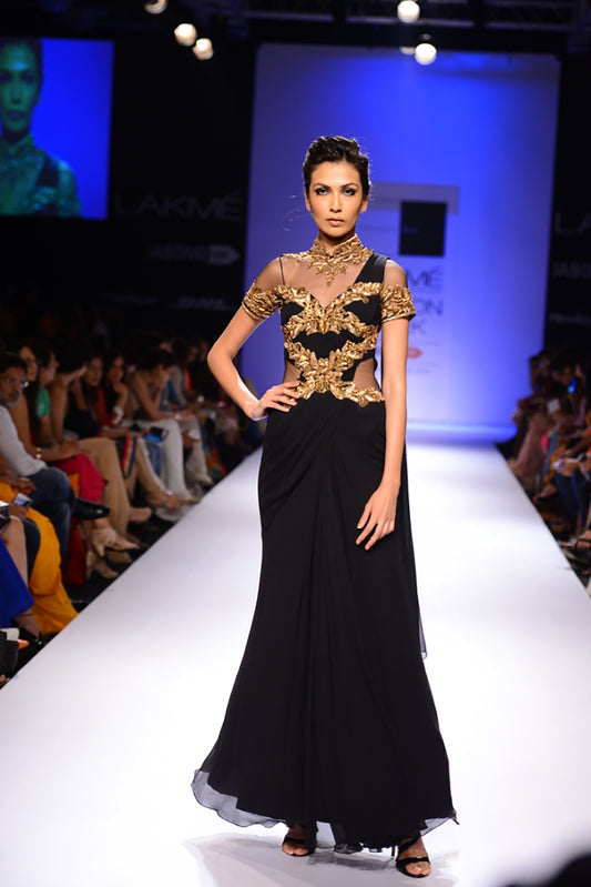 Draped saree gown with an attached Pallu