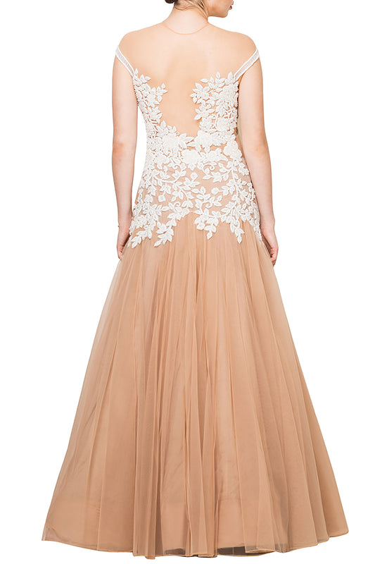Nude & white Off Shoulder Flounce Gown