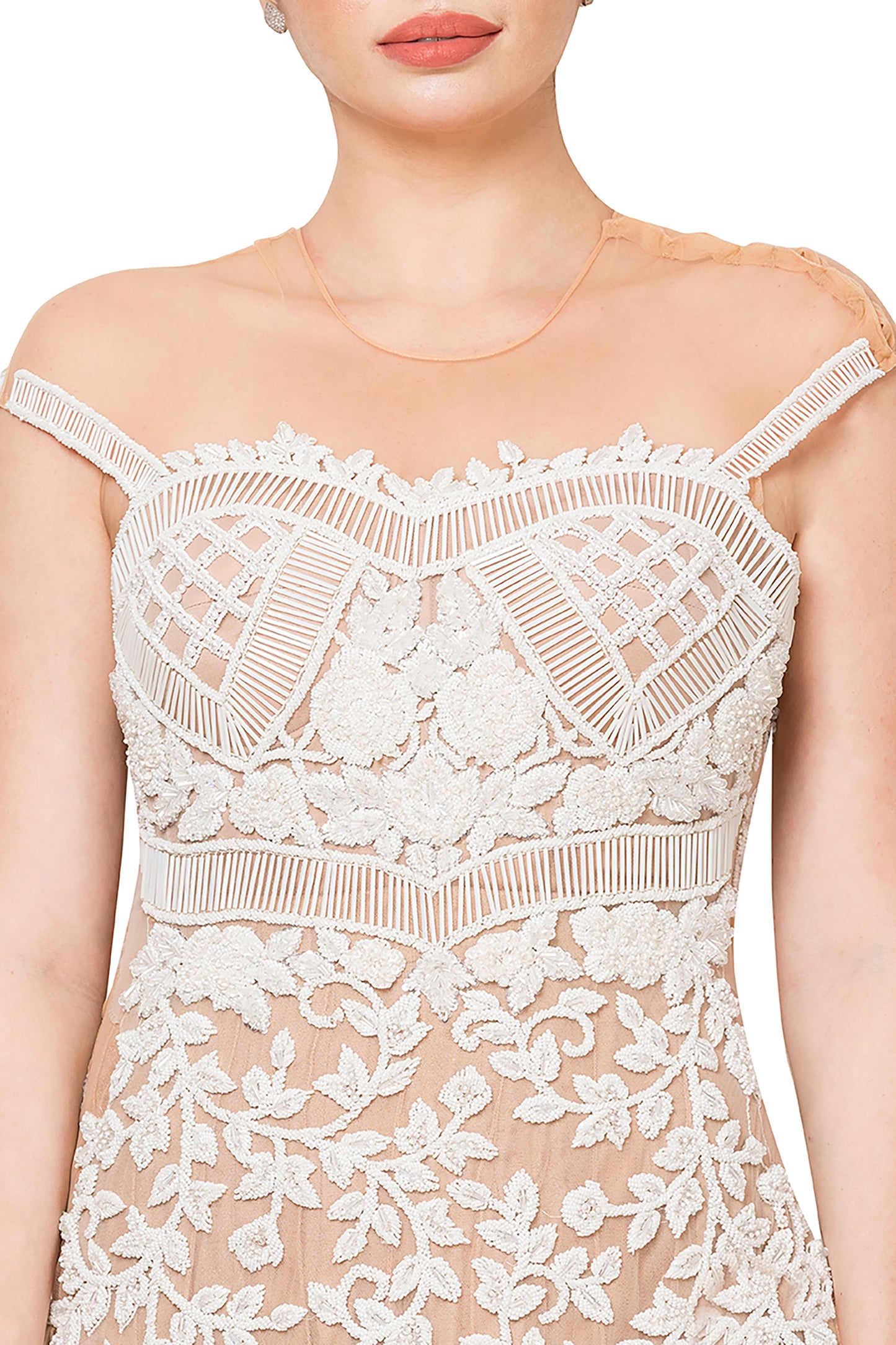 Nude & white Off Shoulder Flounce Gown