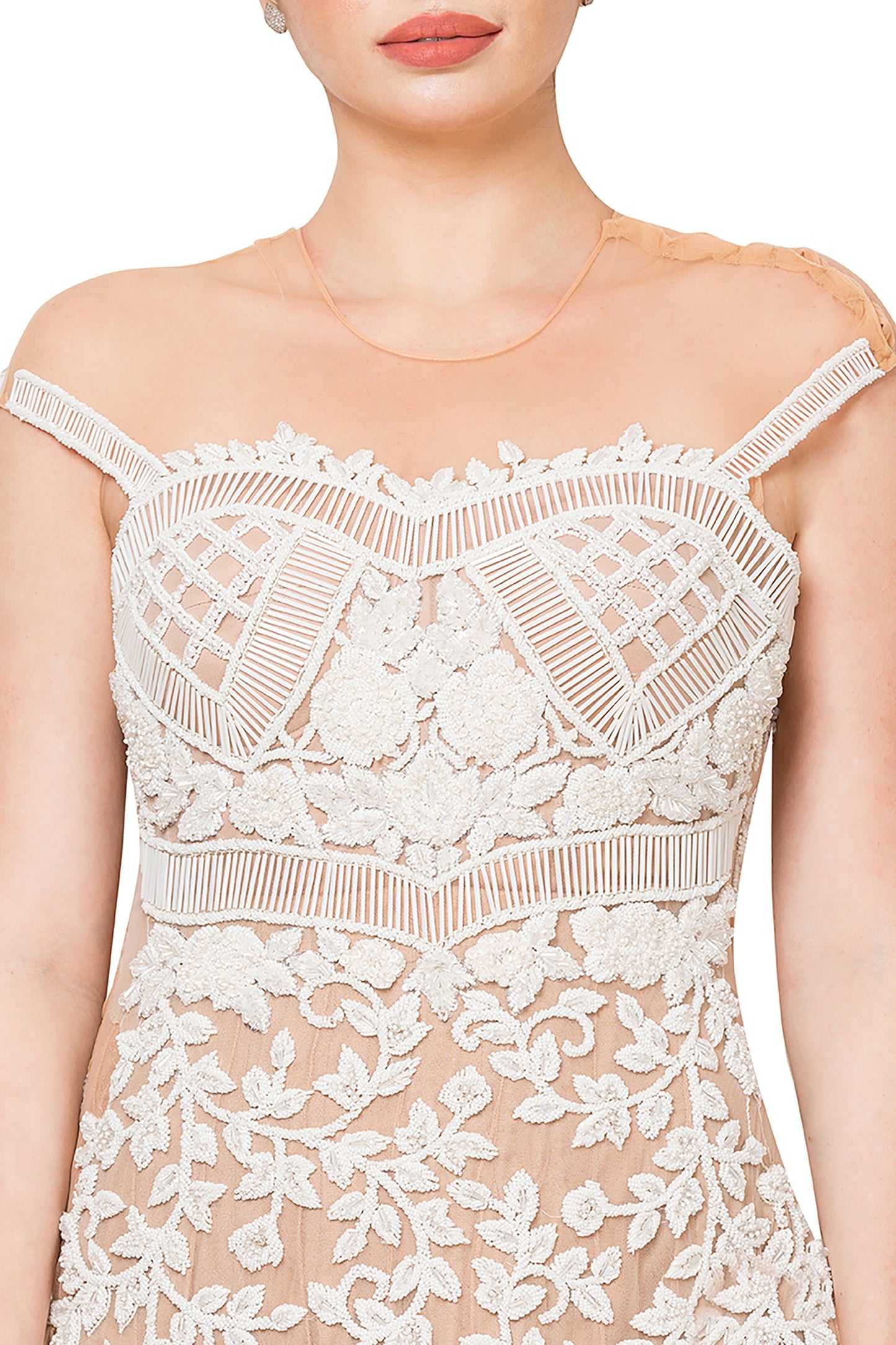 Nude & white Off Shoulder Flounce Gown