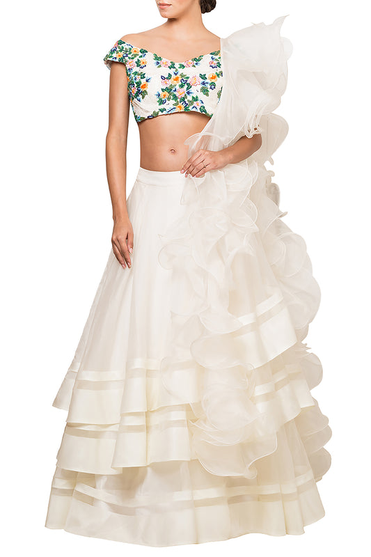 Blouse with Ruffle Lehenga & Dupatta