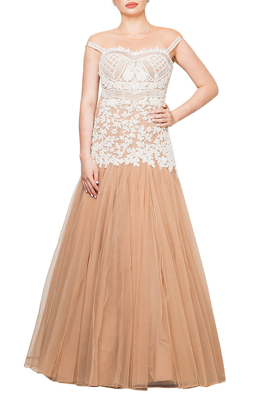Nude & white Off Shoulder Flounce Gown