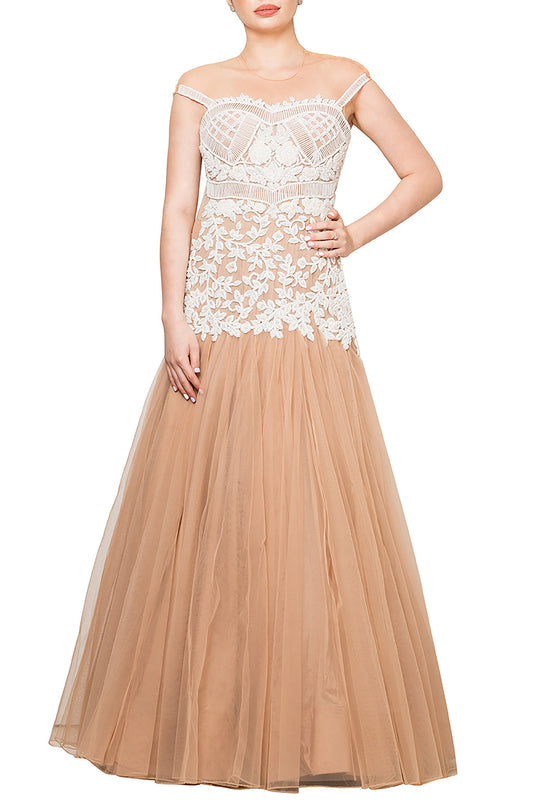 Nude & white Off Shoulder Flounce Gown