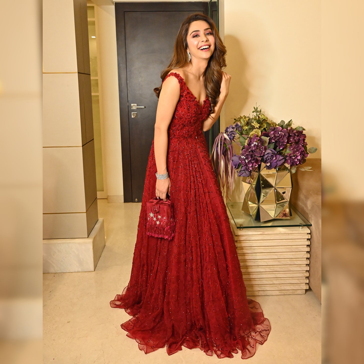 Red Embroidered Flounce Gown