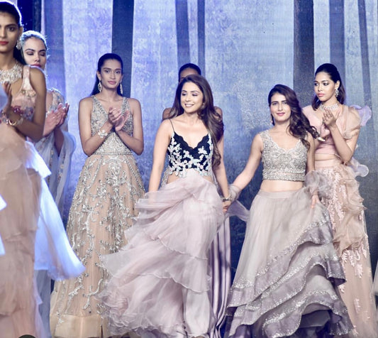 Champagne Ruffle layered skirt paired with Chantilly scallop blouse and ruffle dupatta