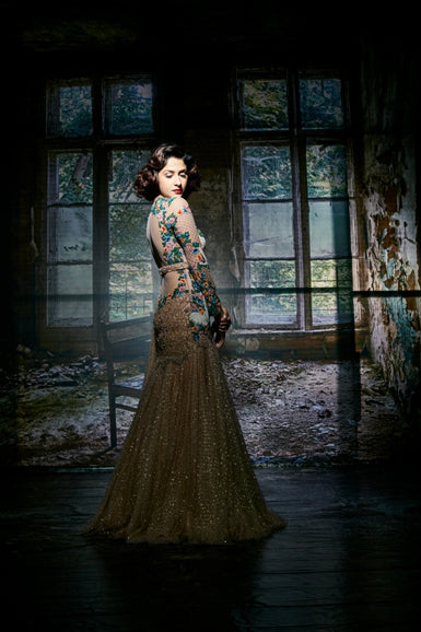 Flounce gown with emb and belt