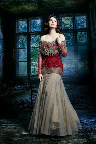 Off-shoulder kurta with flounce skirt