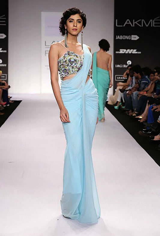 Draped Skirt with Attached Pallu and Blouse