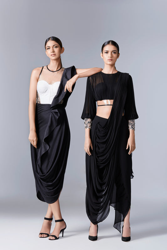 Black  PVC Cuff  Blouse with Draped Skirt