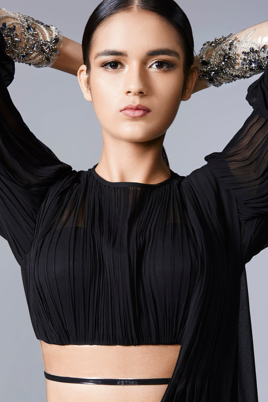 Black  PVC Cuff  Blouse with Draped Skirt