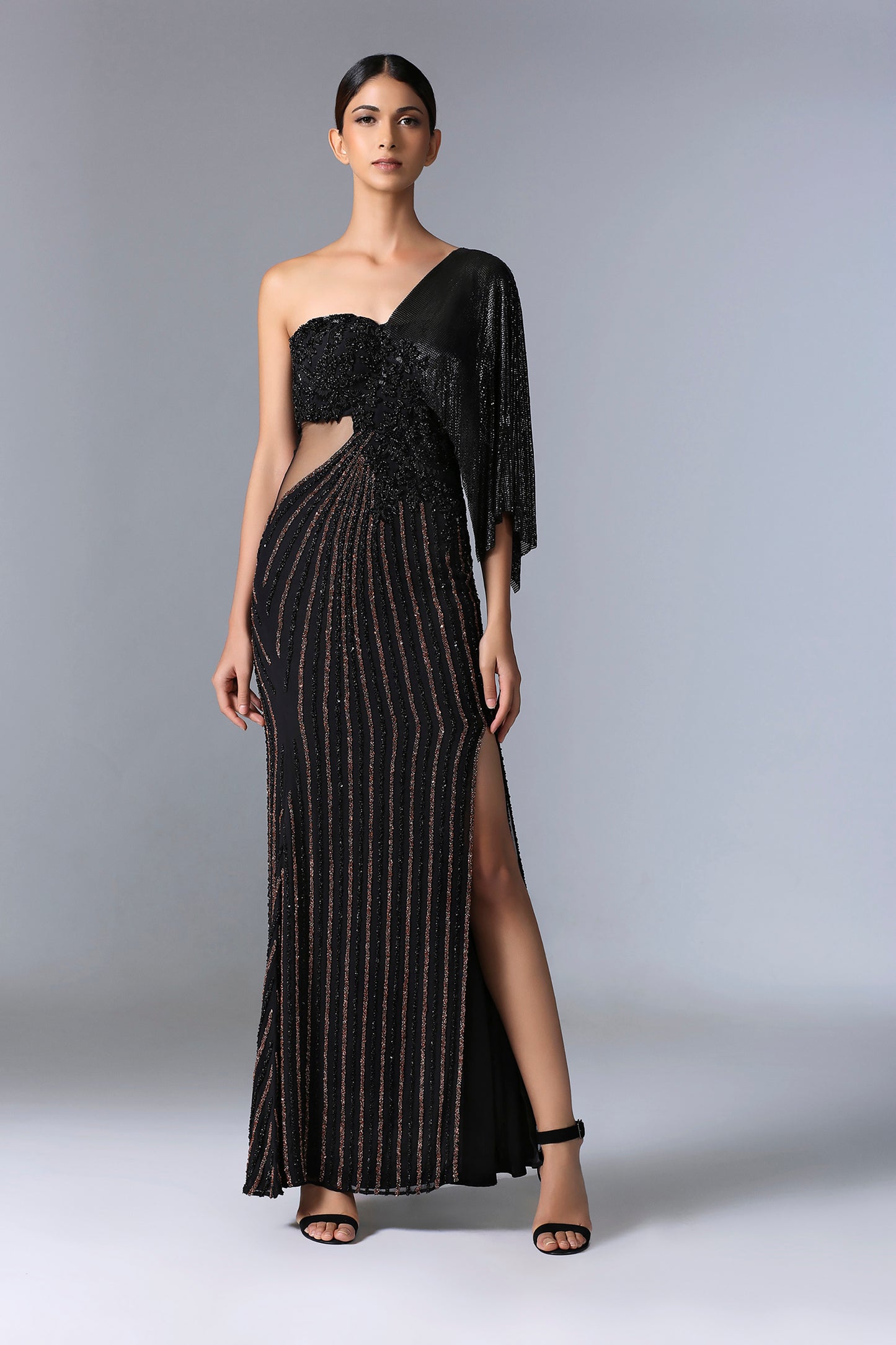 One Shoulder Black Mesh Gown