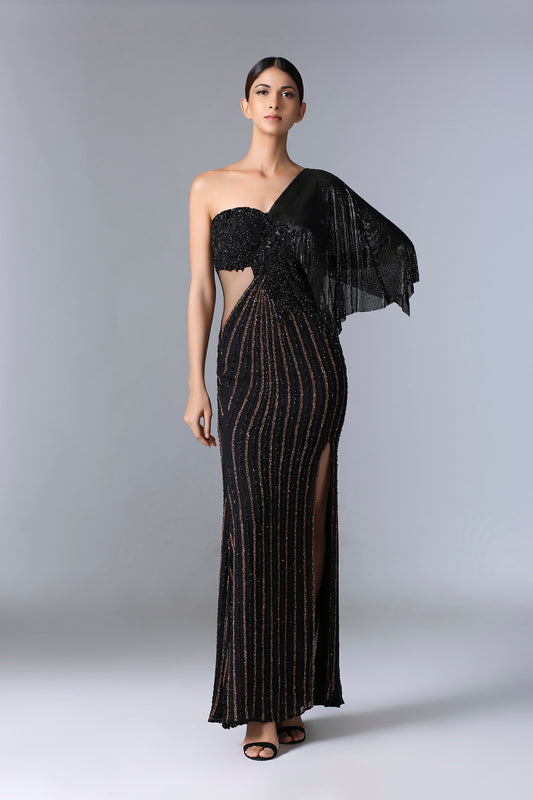 One Shoulder Black Mesh Gown