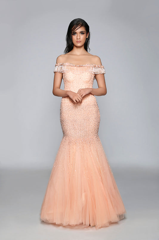 Off Shoulder Fitted Flared Gown