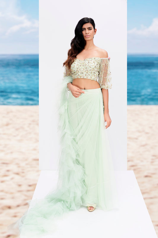 Off Shoulder blouse with Draped skirt