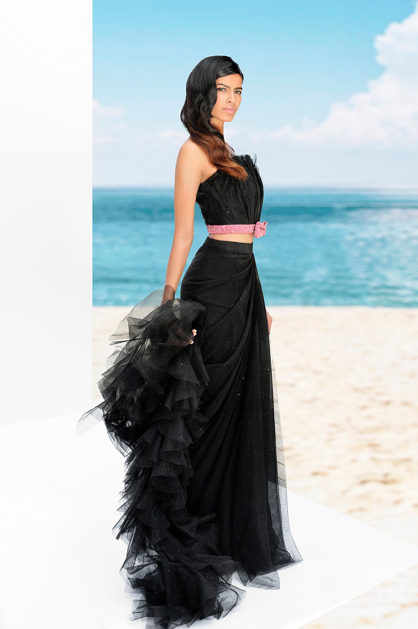 Ruffle tube top with skirt saree