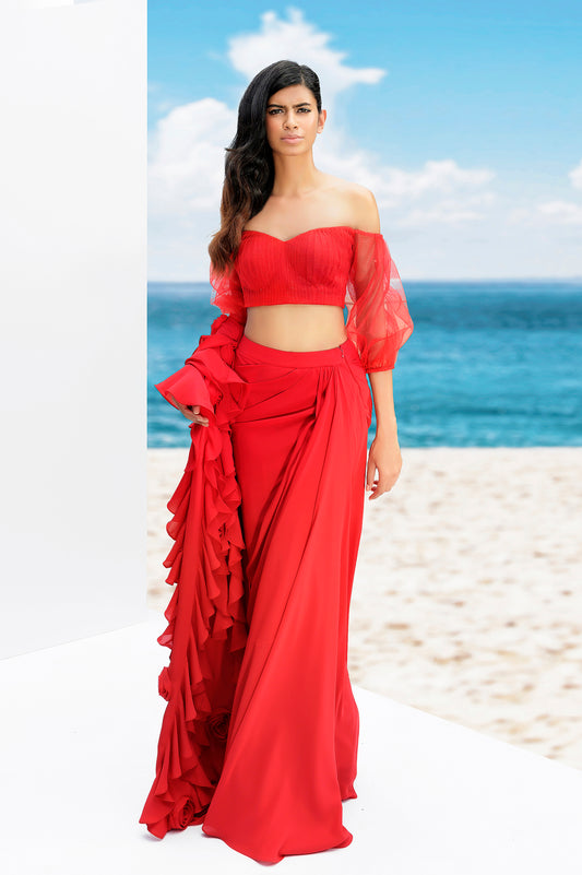 Off shoulder blouse with skirt saree