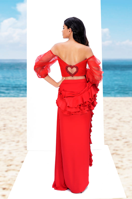 Off shoulder blouse with skirt saree