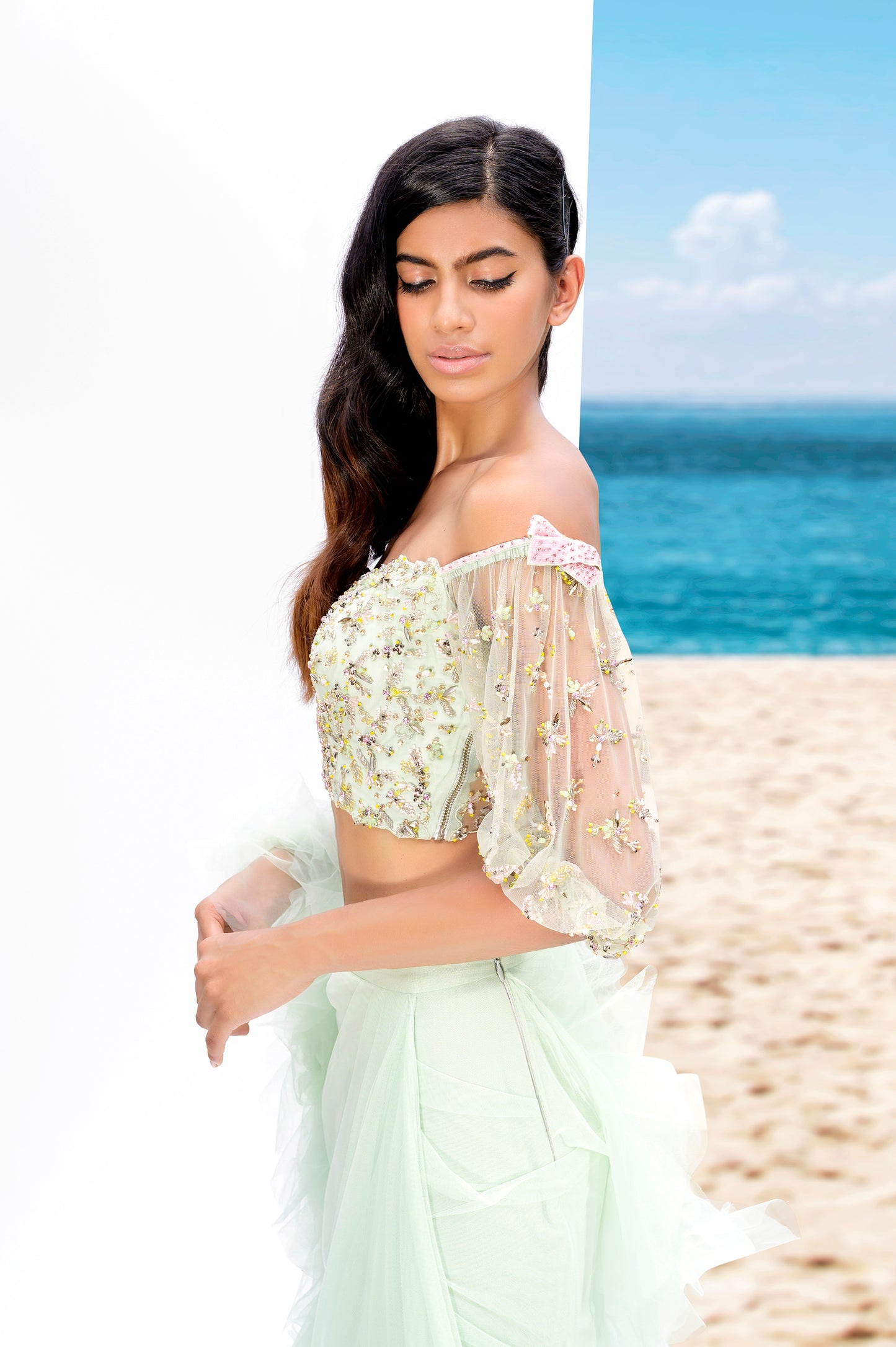 Off Shoulder blouse with Draped skirt