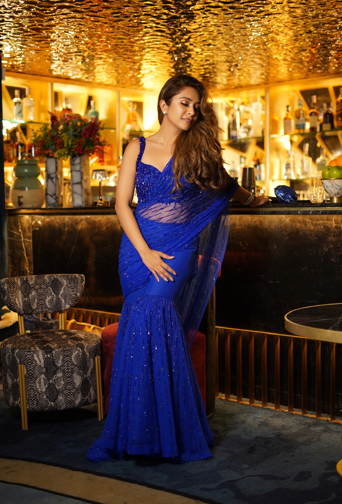 Electric blue embroidered sharara saree