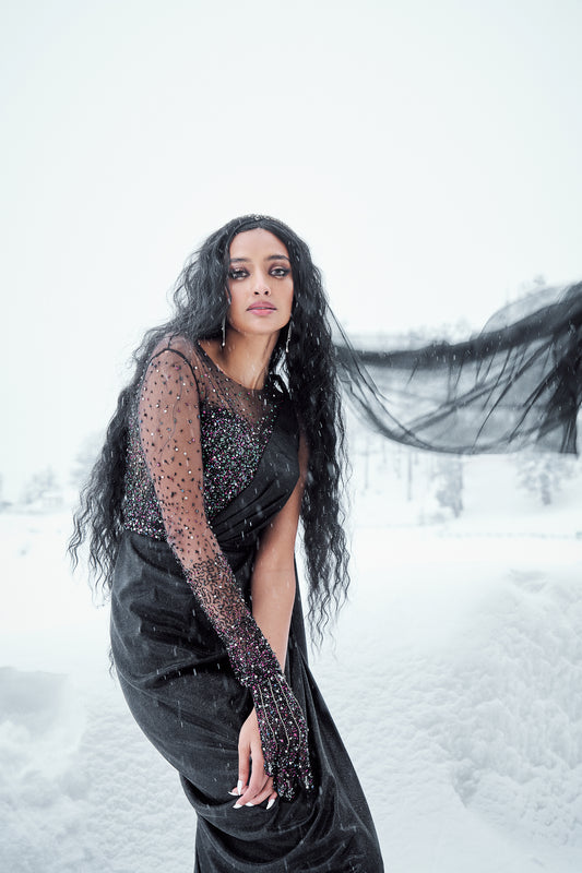 Marielle- Black starry embroidered glove saree gown