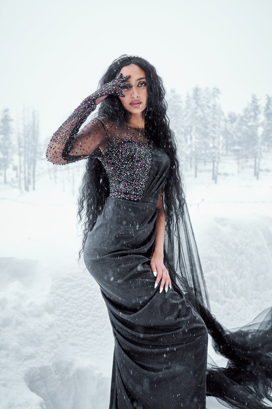 Marielle- Black starry embroidered glove saree gown