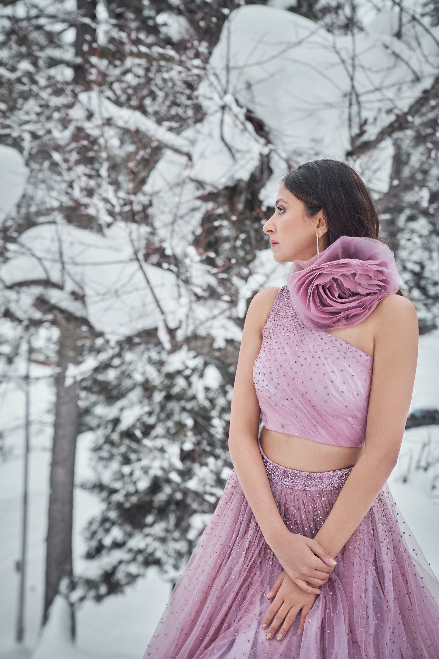 Elijah- Balm coloured wild rose lehenga set with crystal splatter