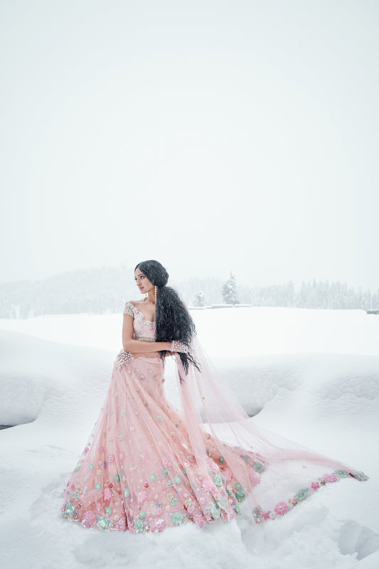 Rheya- Peach floral embroidered lehenga set