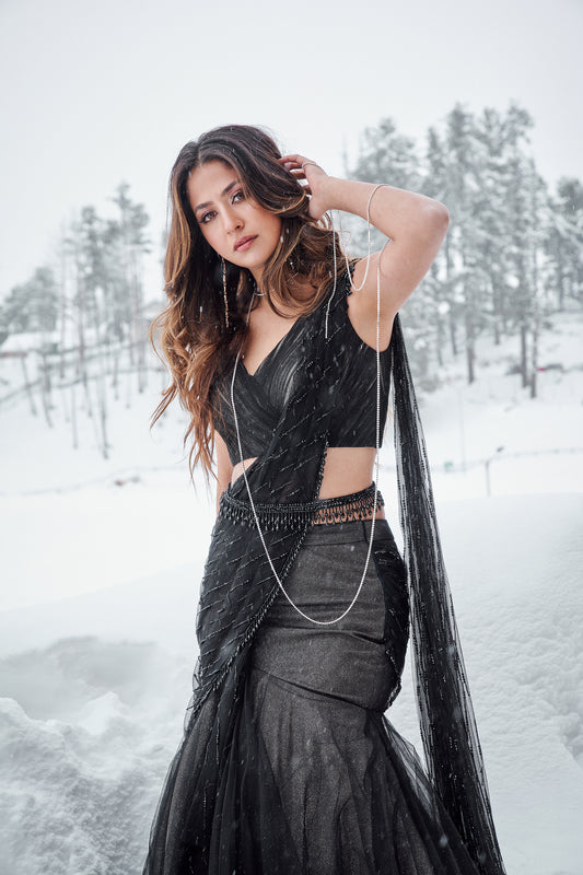 Samsara - Black shimmer lehenga saree with tasseled belt